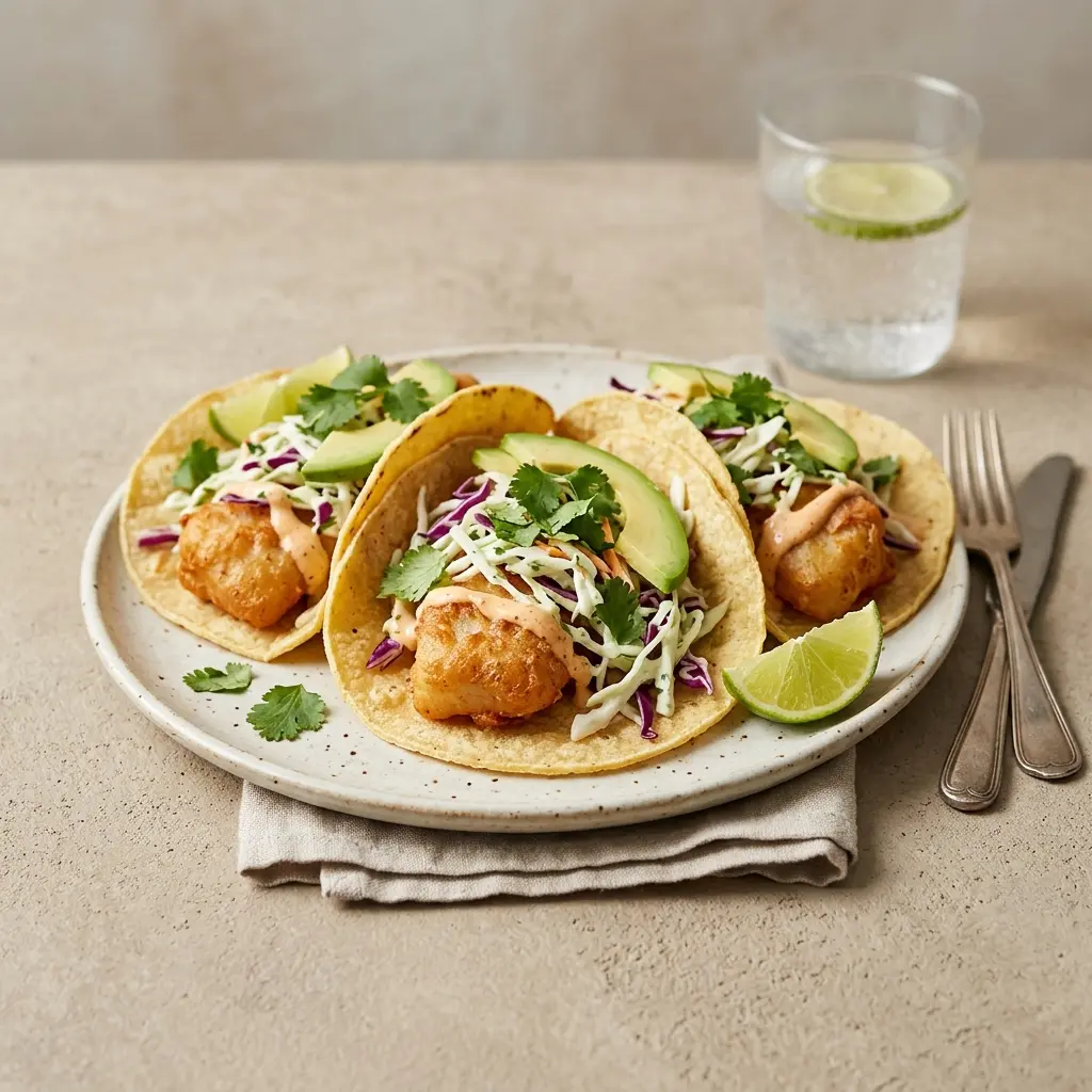 Valmis baja fish tacos tarjoiltuna herkullisesti kotikeittiön tapaan