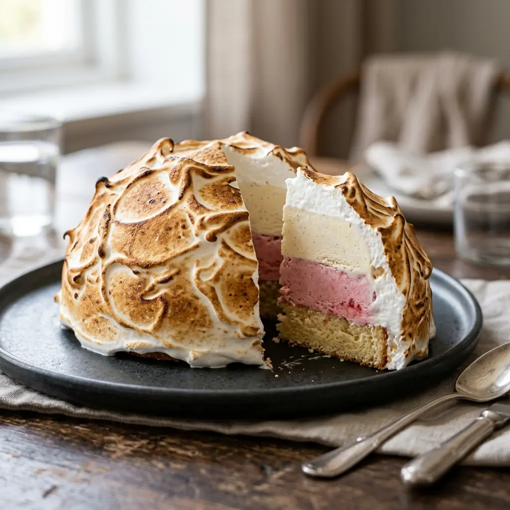 Valmis baked Alaska tarjoiltuna herkullisesti kotikeittiön tapaan
