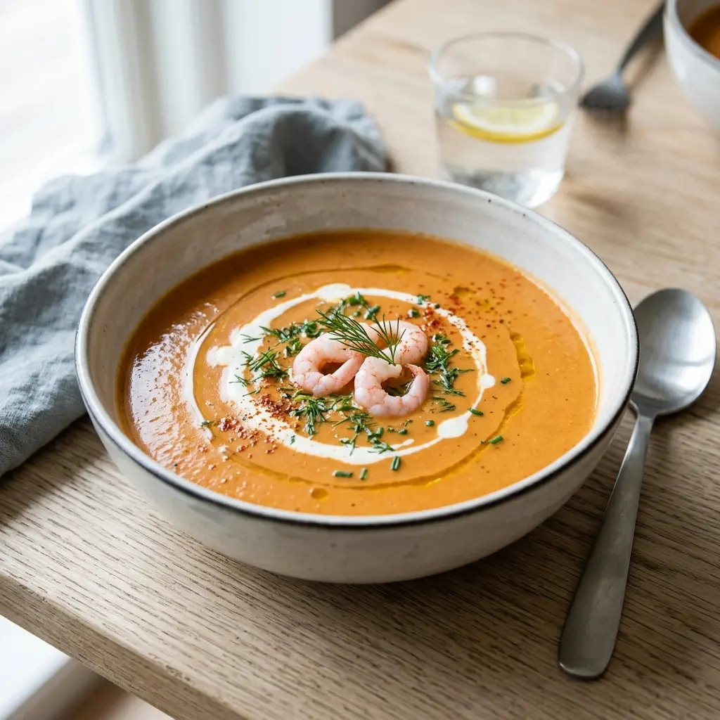 Lämmin kulhollinen bisque katkaravunkuorista tarjoiltuna houkuttelevasti