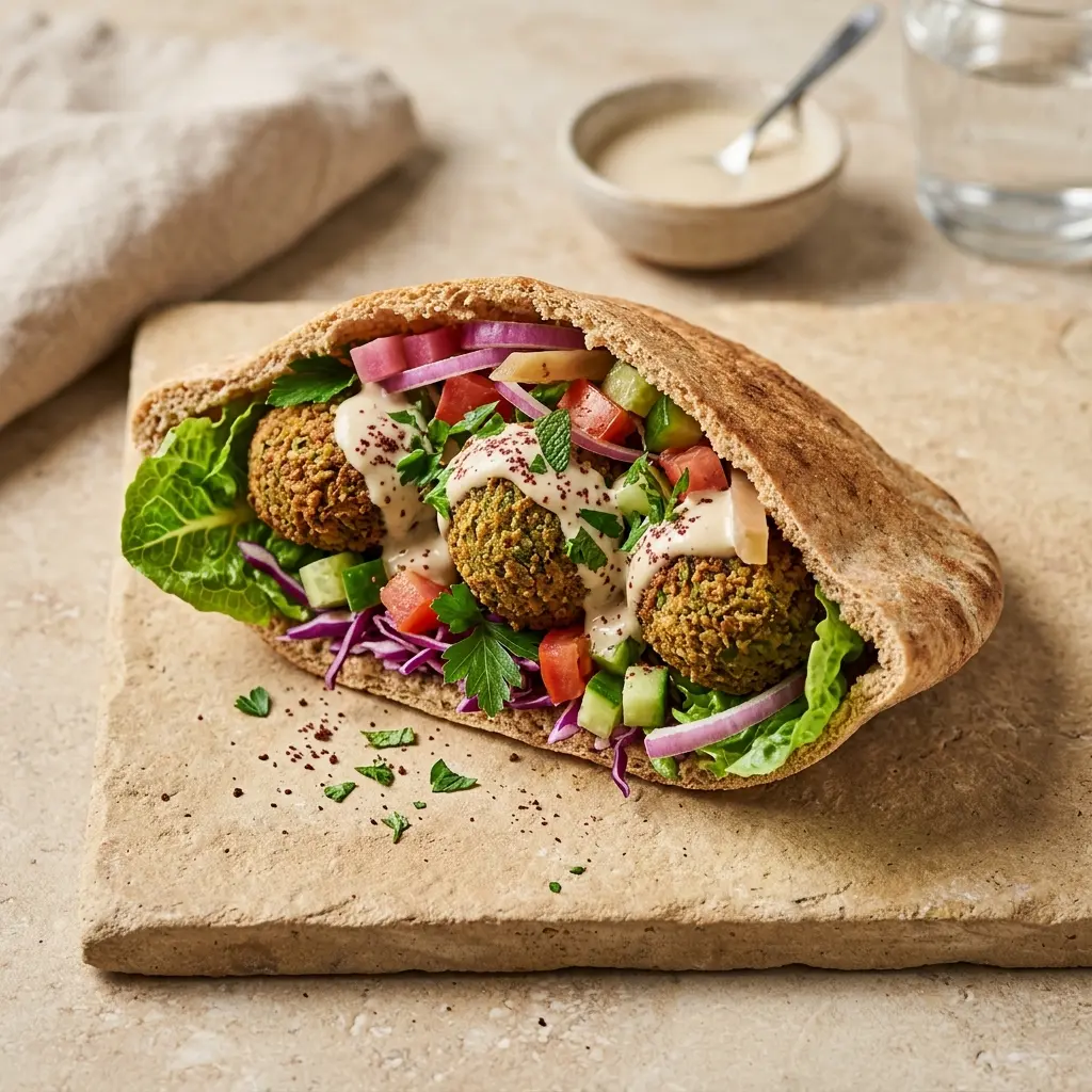 Tuore falafel pitaleivässä tarjoiltuna ja valmiina nautittavaksi