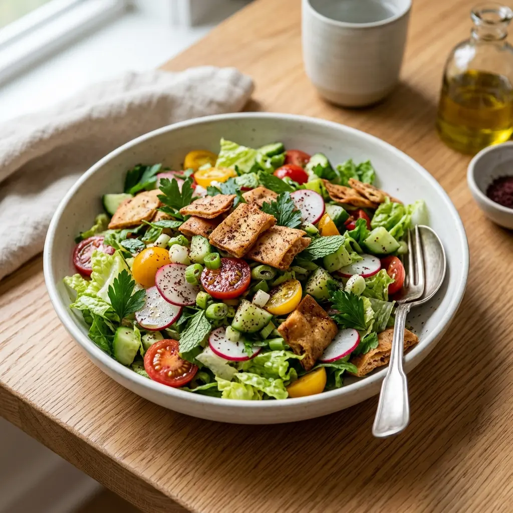 Valmis fattoush tarjoiltuna herkullisesti kotikeittiön tapaan