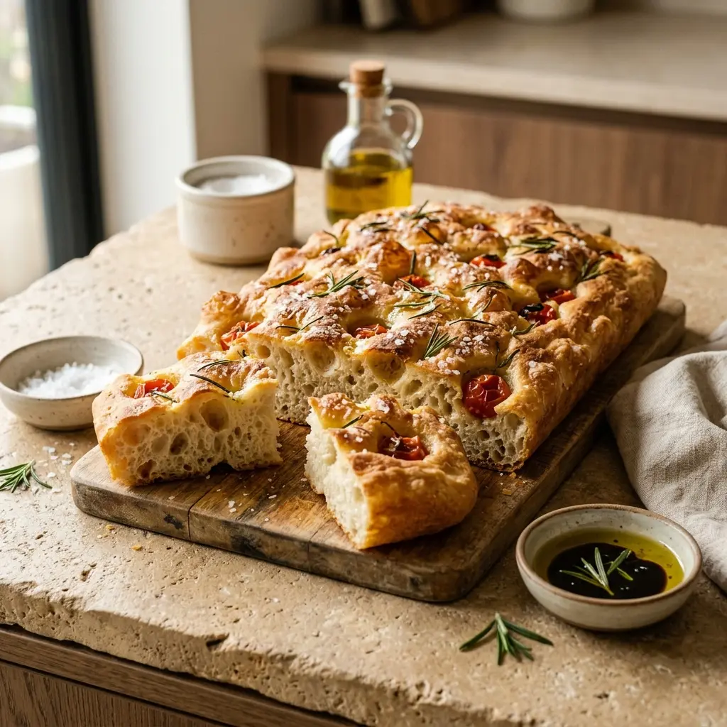 Tuore focaccia tarjoiltuna ja valmiina nautittavaksi