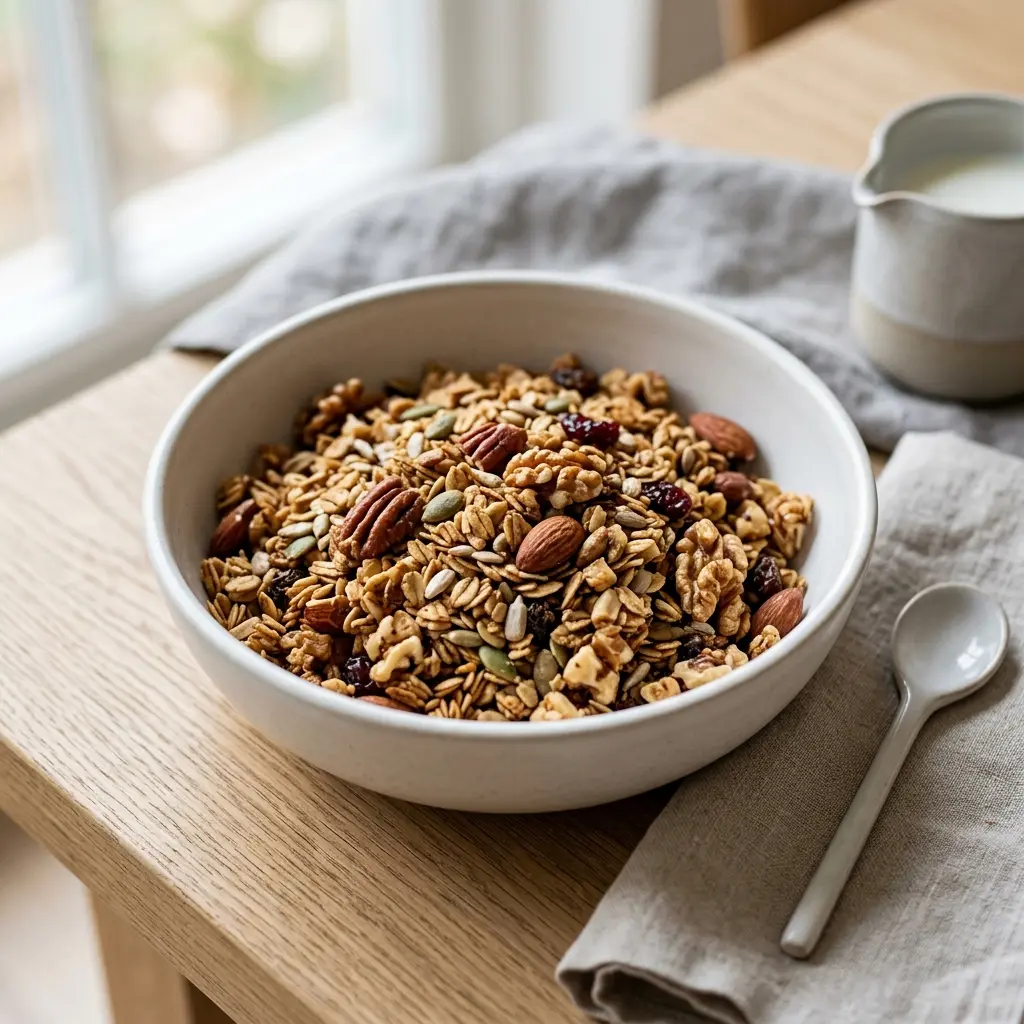 Valmis granola tarjoiltuna herkullisesti kotikeittiön tapaan