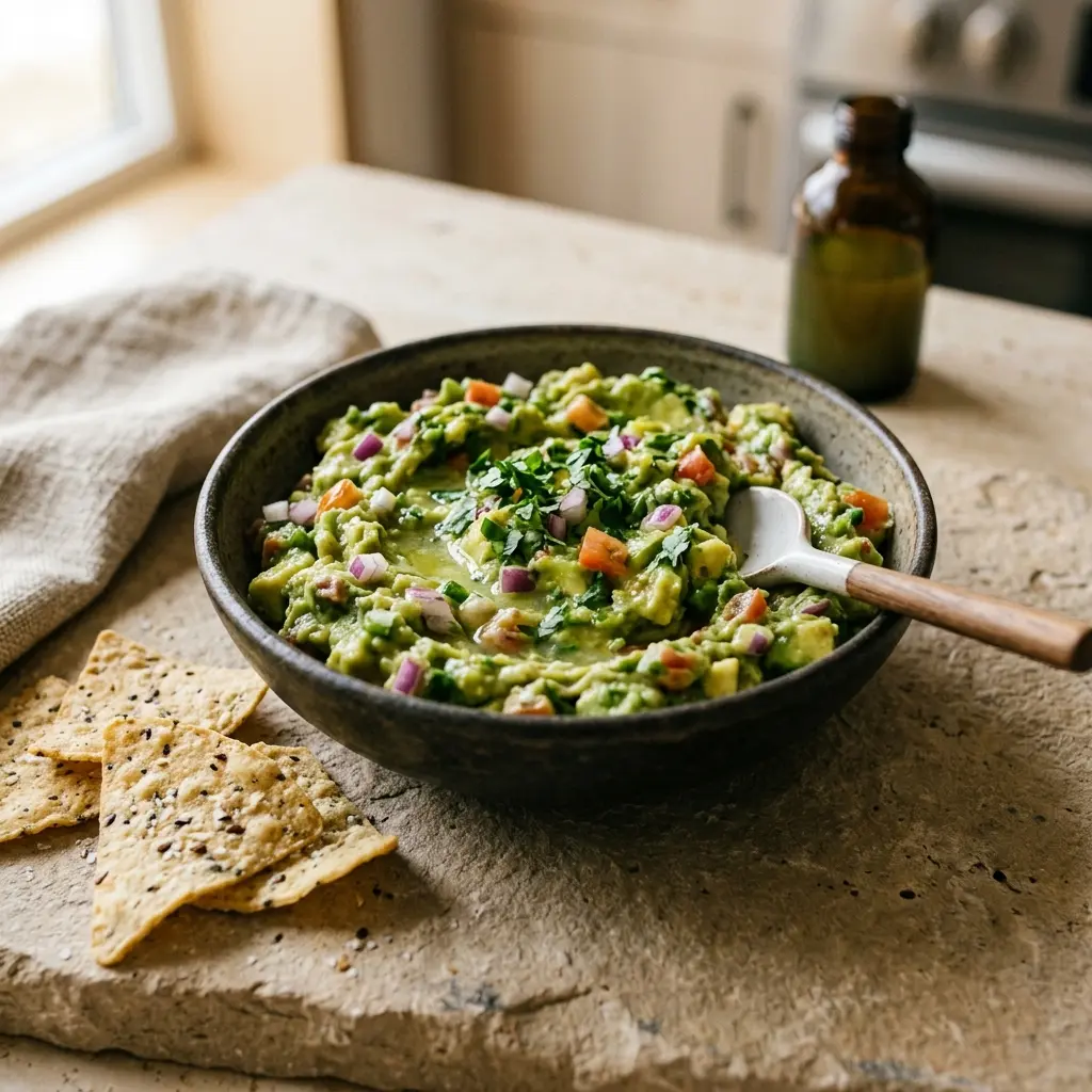 Valmis guacamole tarjoiltuna herkullisesti kotikeittiön tapaan