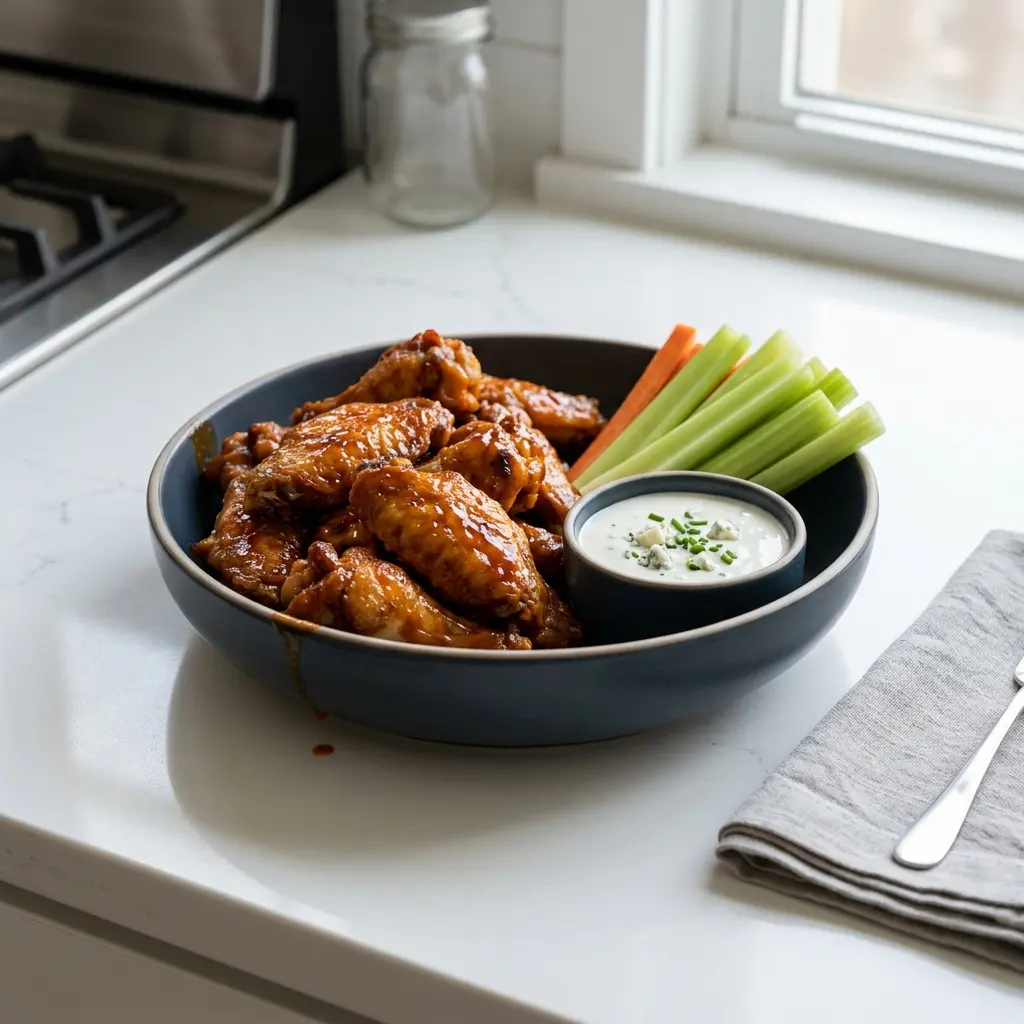 Valmis hot wings tarjoiltuna herkullisesti kotikeittiön tapaan