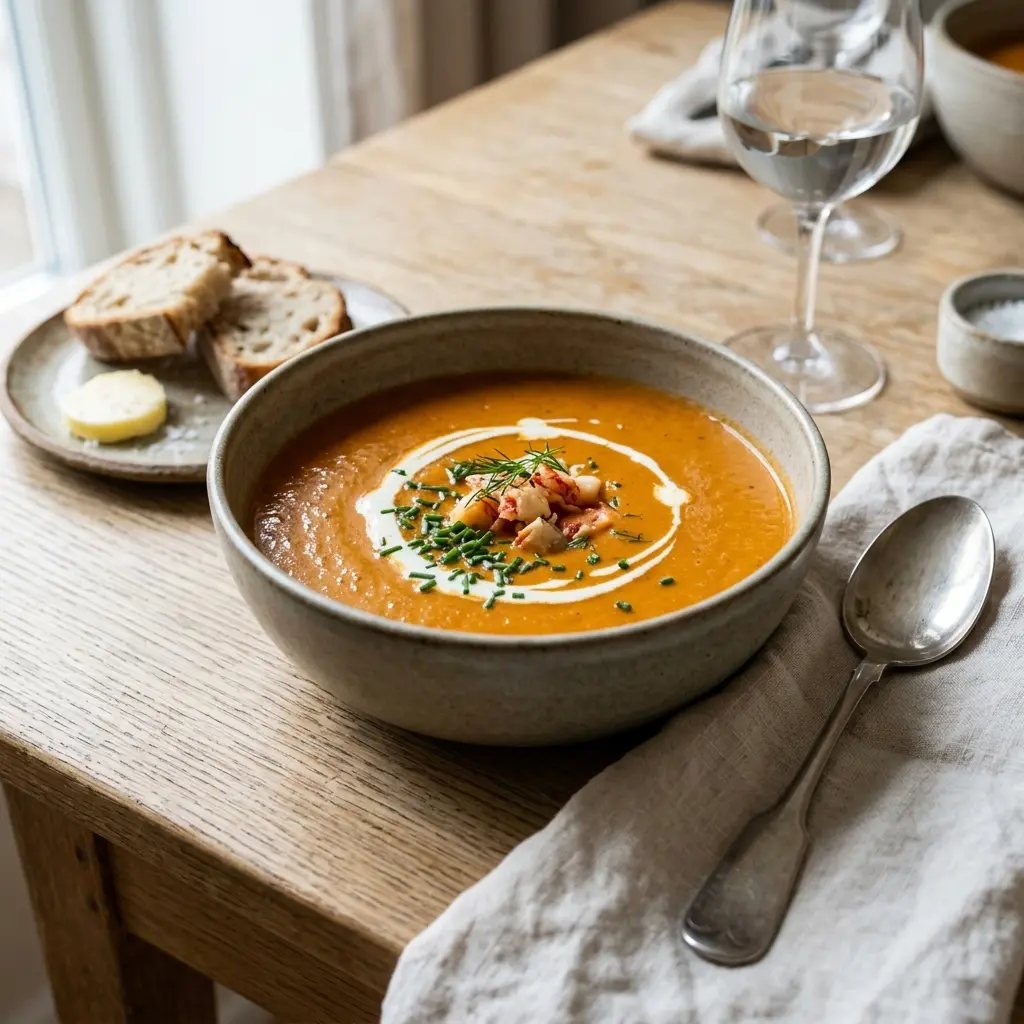Lämmin kulhollinen hummeribisque tarjoiltuna houkuttelevasti