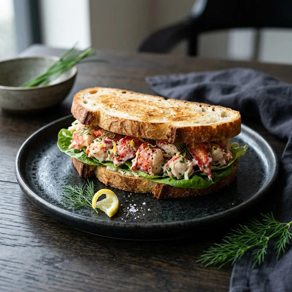 Valmis hummerisandwich tarjoiltuna herkullisesti kotikeittiön tapaan