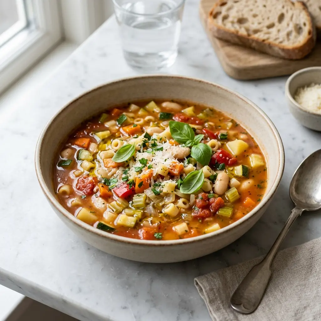 Lämmin kulhollinen italialainen kasviskeitto tarjoiltuna houkuttelevasti
