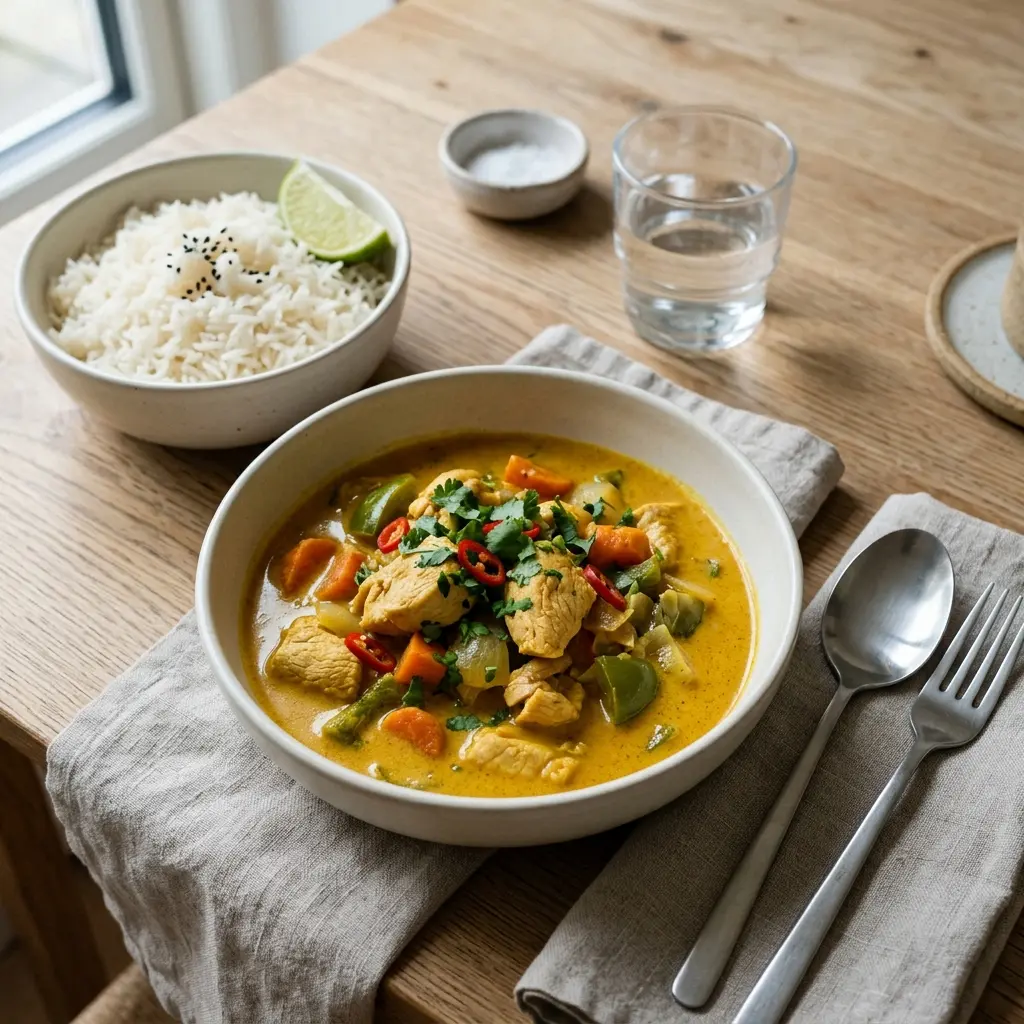 Valmis kalkkuna curryssa tarjoiltuna herkullisesti kotikeittiön tapaan
