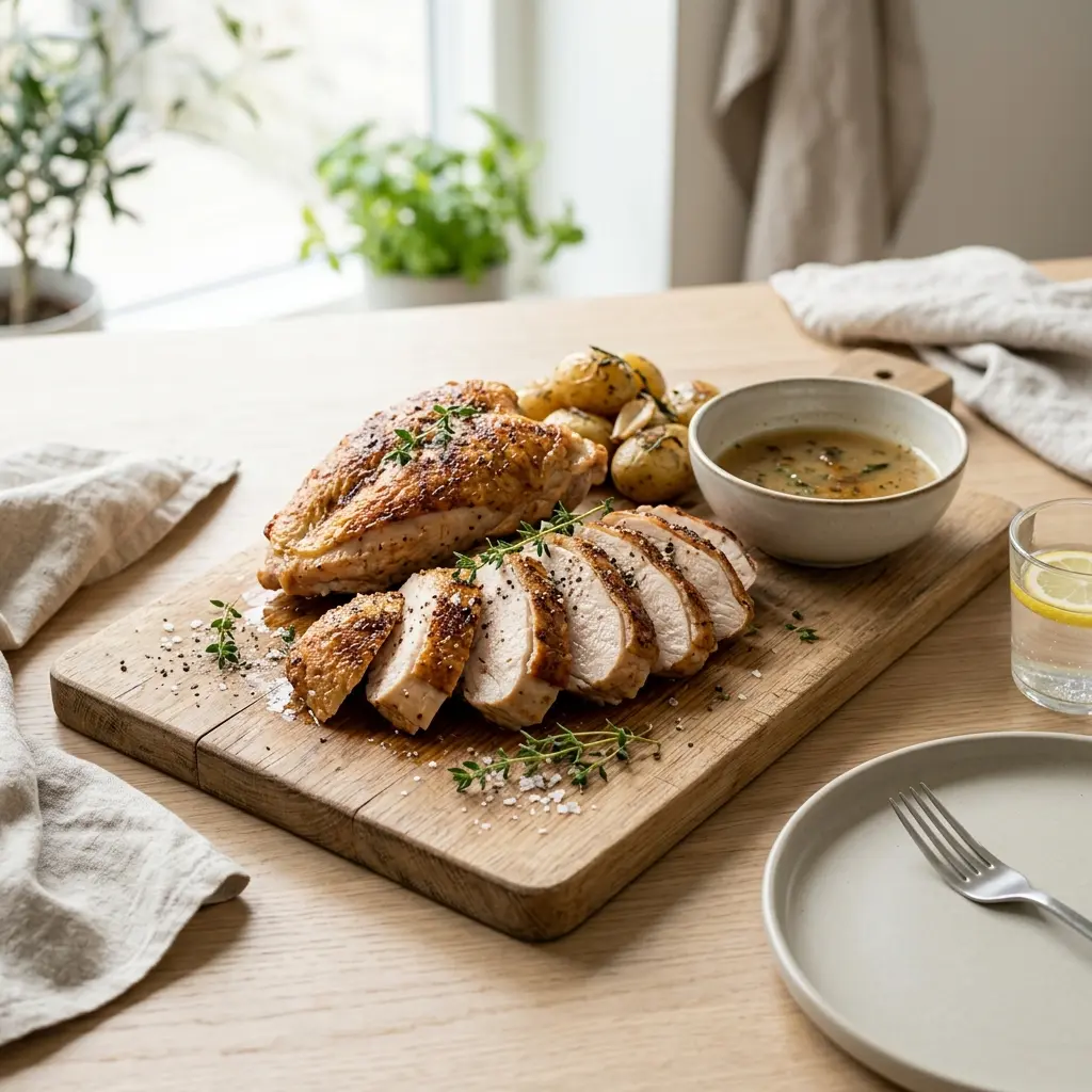 Valmis kalkkunanrinta pannulla tarjoiltuna herkullisesti kotikeittiön tapaan