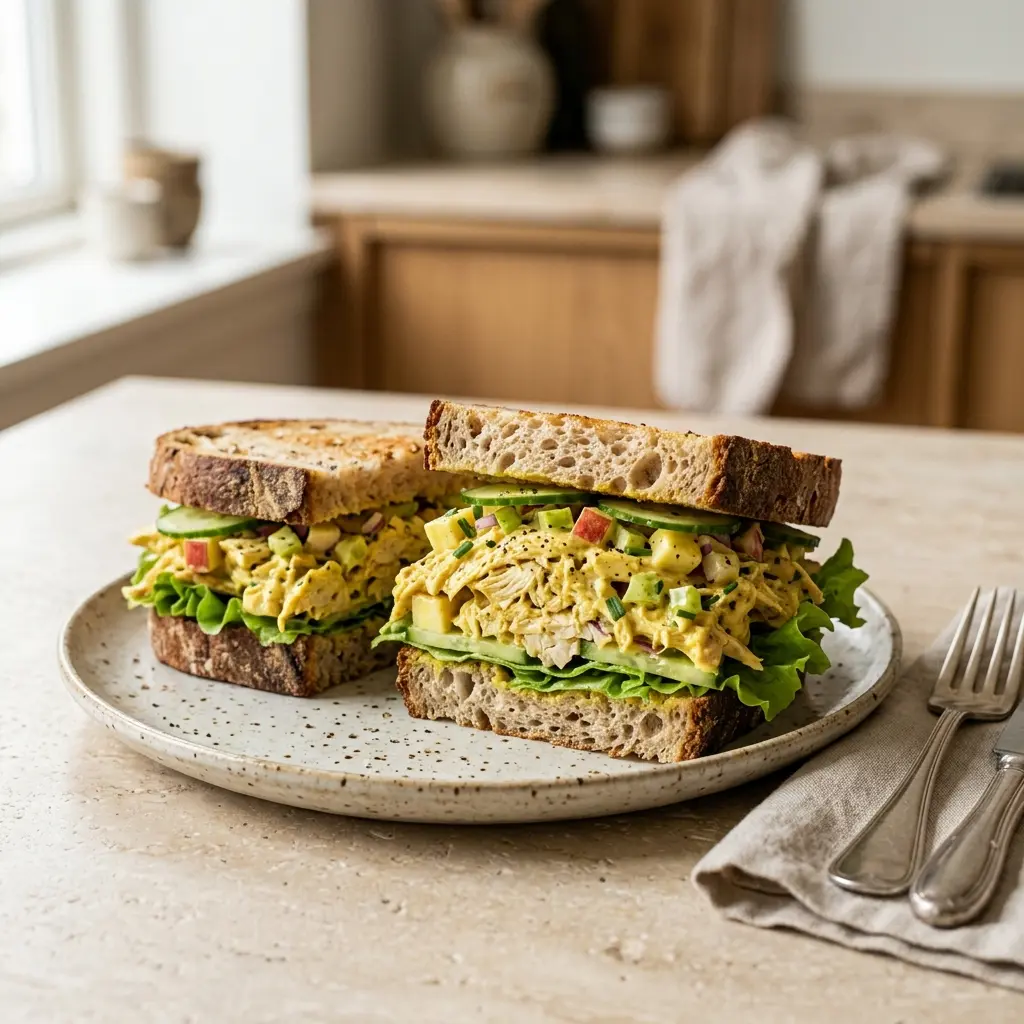 Valmis kanasandwich currylla tarjoiltuna herkullisesti kotikeittiön tapaan