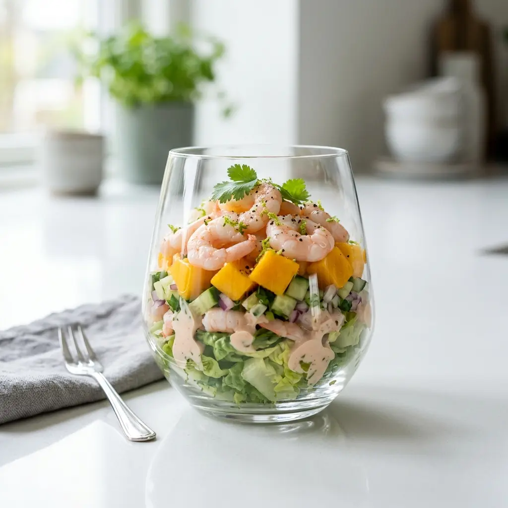 Katkarapucocktail mangolla tarjoiltuna valmiina annoksena