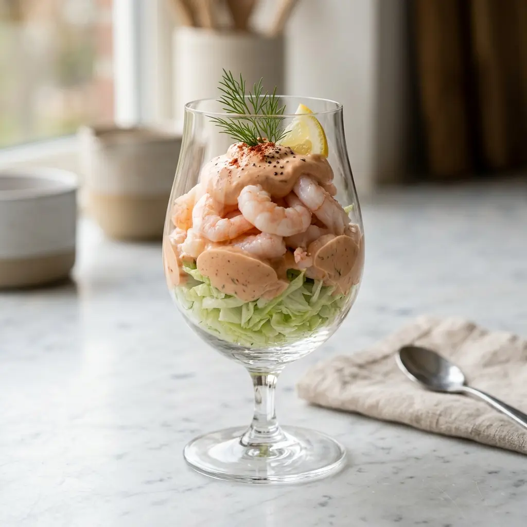 Katkarapucocktail tarjoiltuna valmiina annoksena