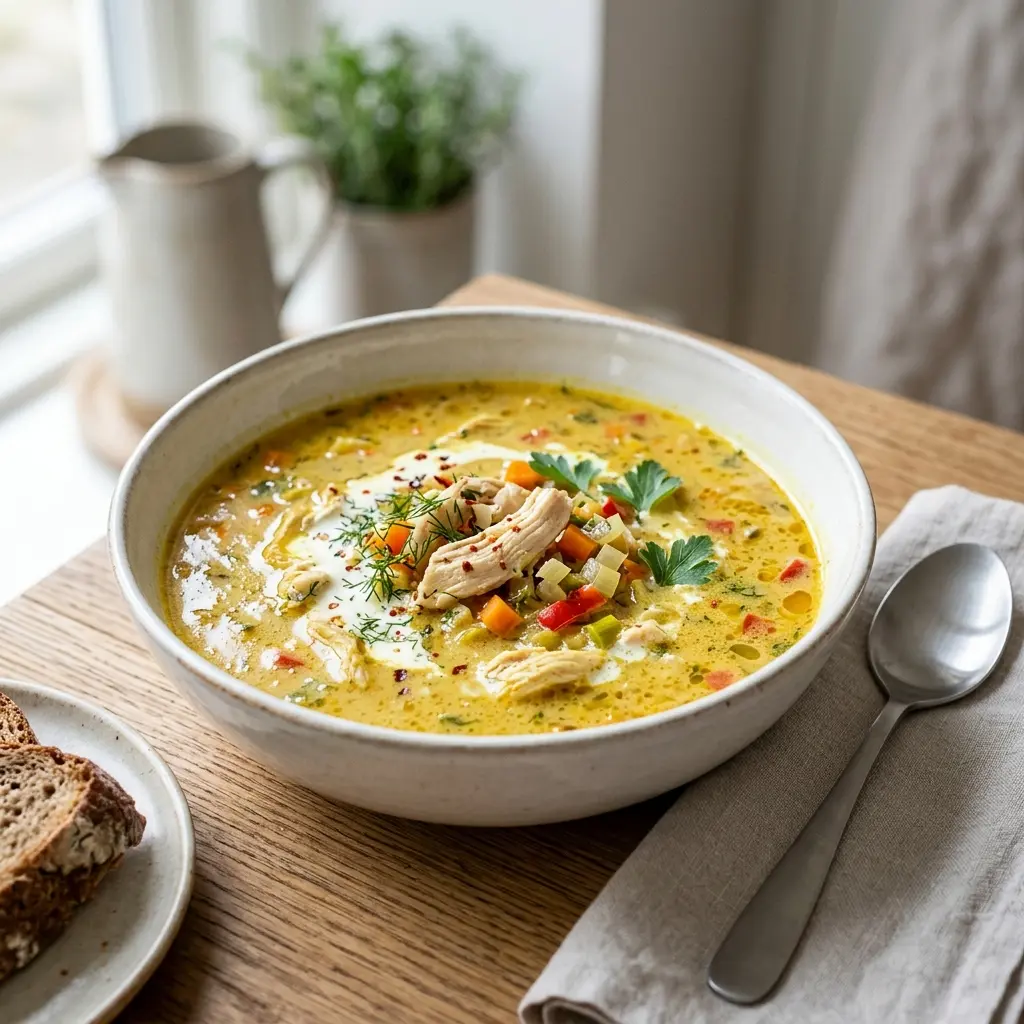 Lämmin kulhollinen kermainen kanakeitto currylla tarjoiltuna houkuttelevasti