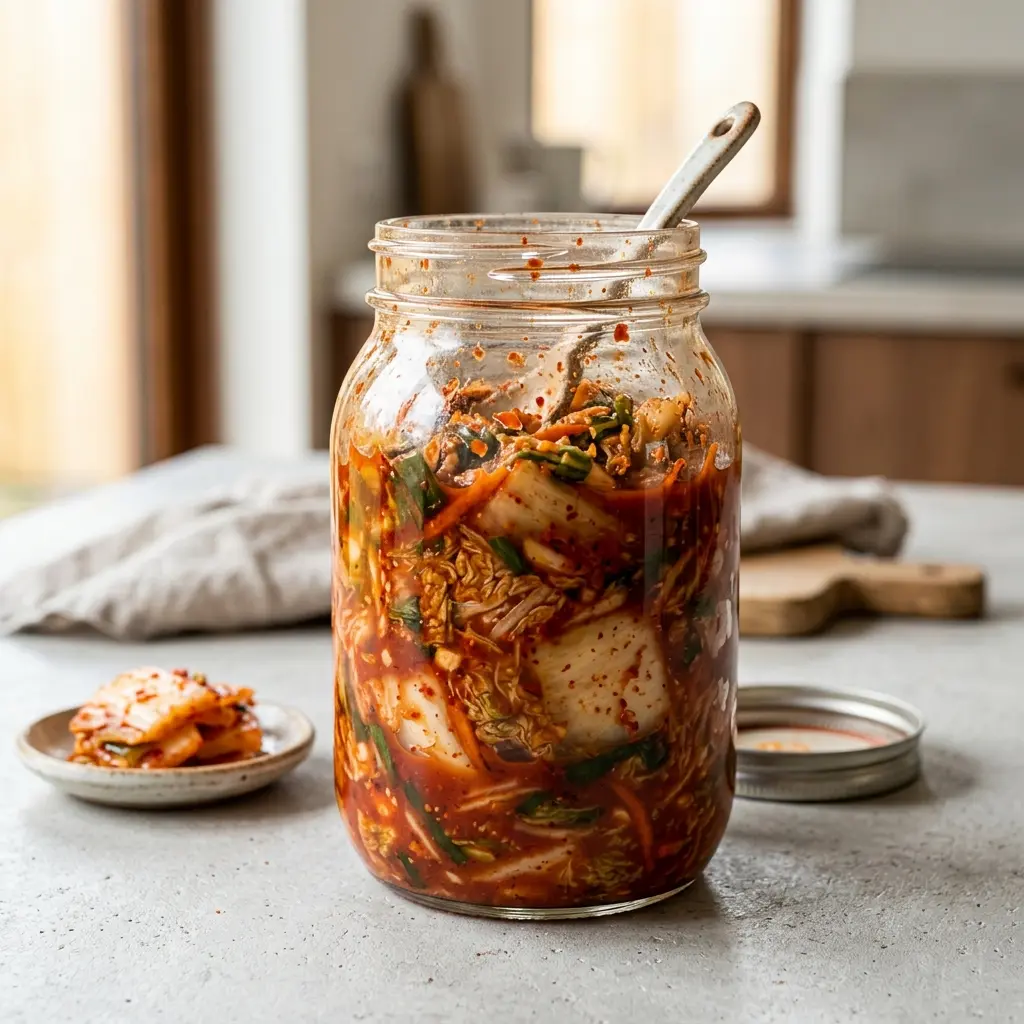 Valmis kimchi tarjoiltuna herkullisesti kotikeittiön tapaan