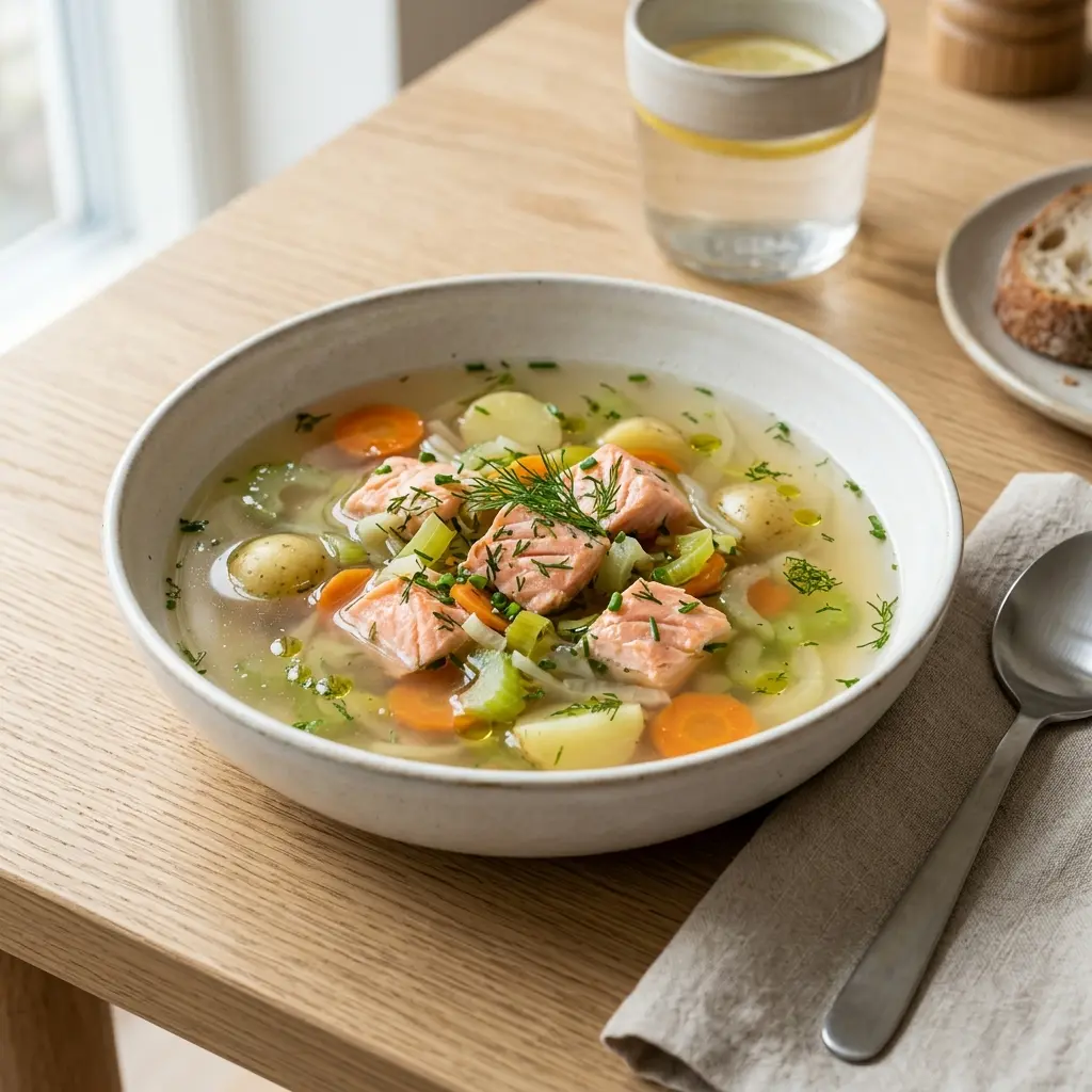 Lämmin kulhollinen kirkas kalakeitto lohella tarjoiltuna houkuttelevasti