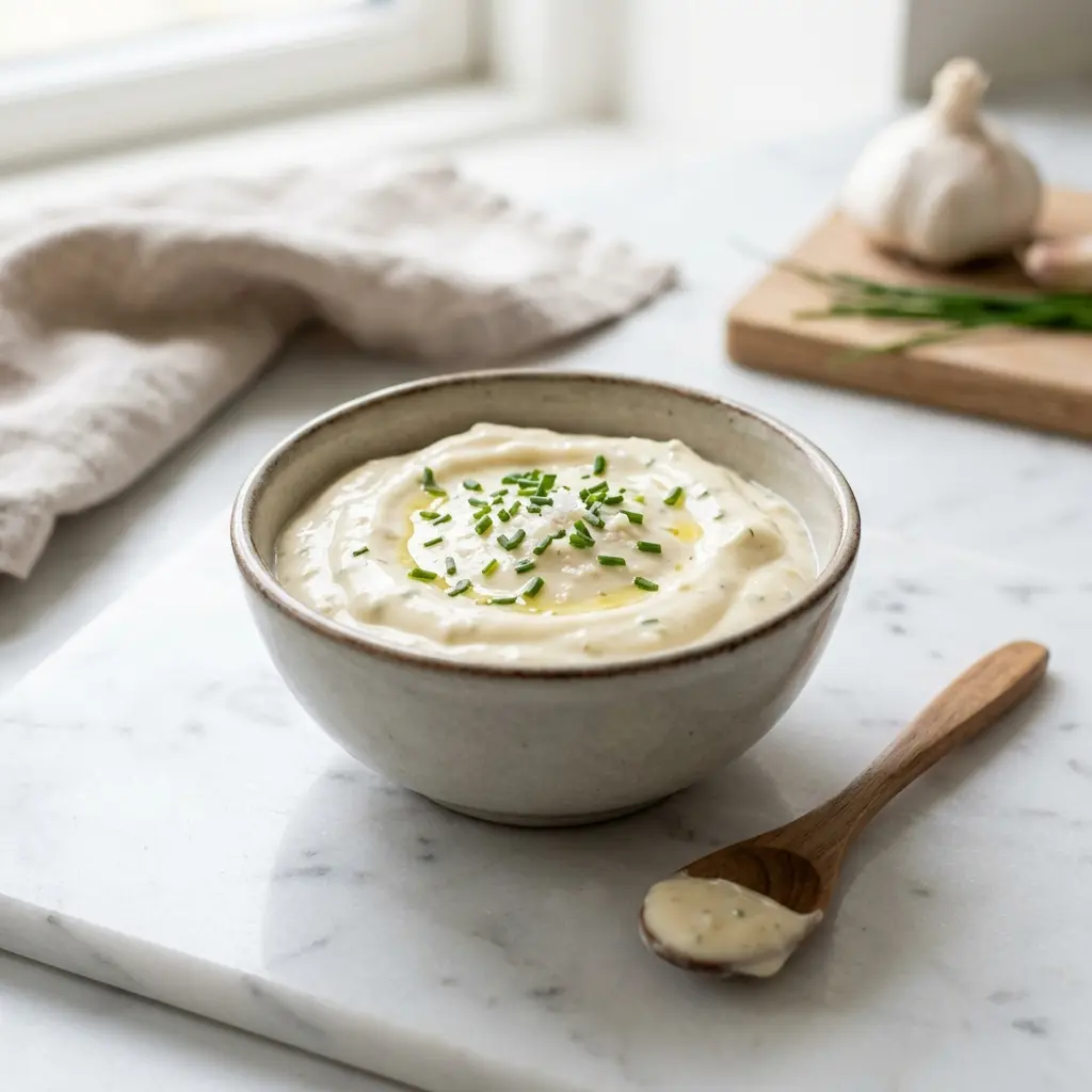 Kulhollinen kotitekoinen aioli valmiina tarjoiltavaksi maukkaana lisukkeena