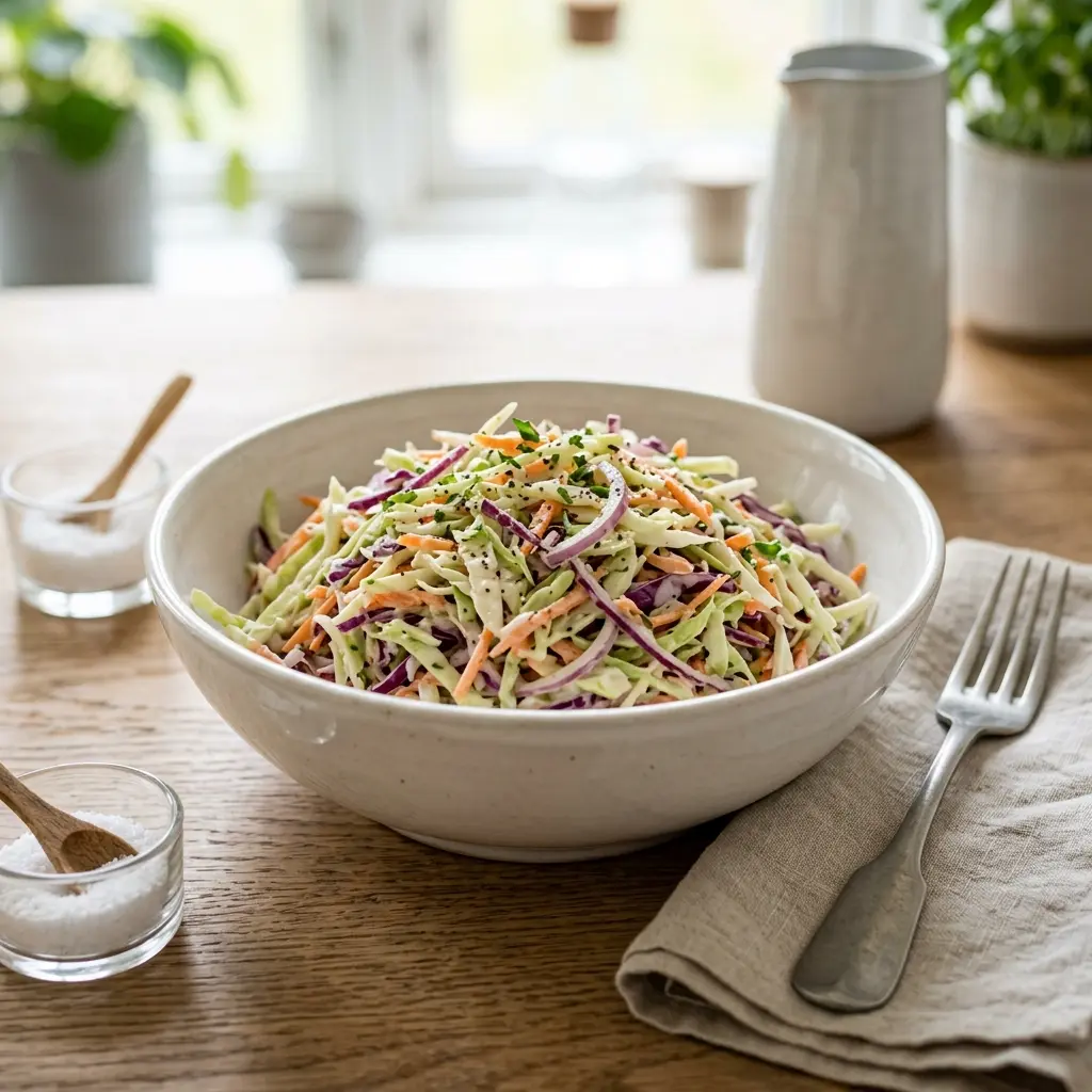 Kulhollinen kermaista coleslawta kaali- ja porkkanasuikaleista