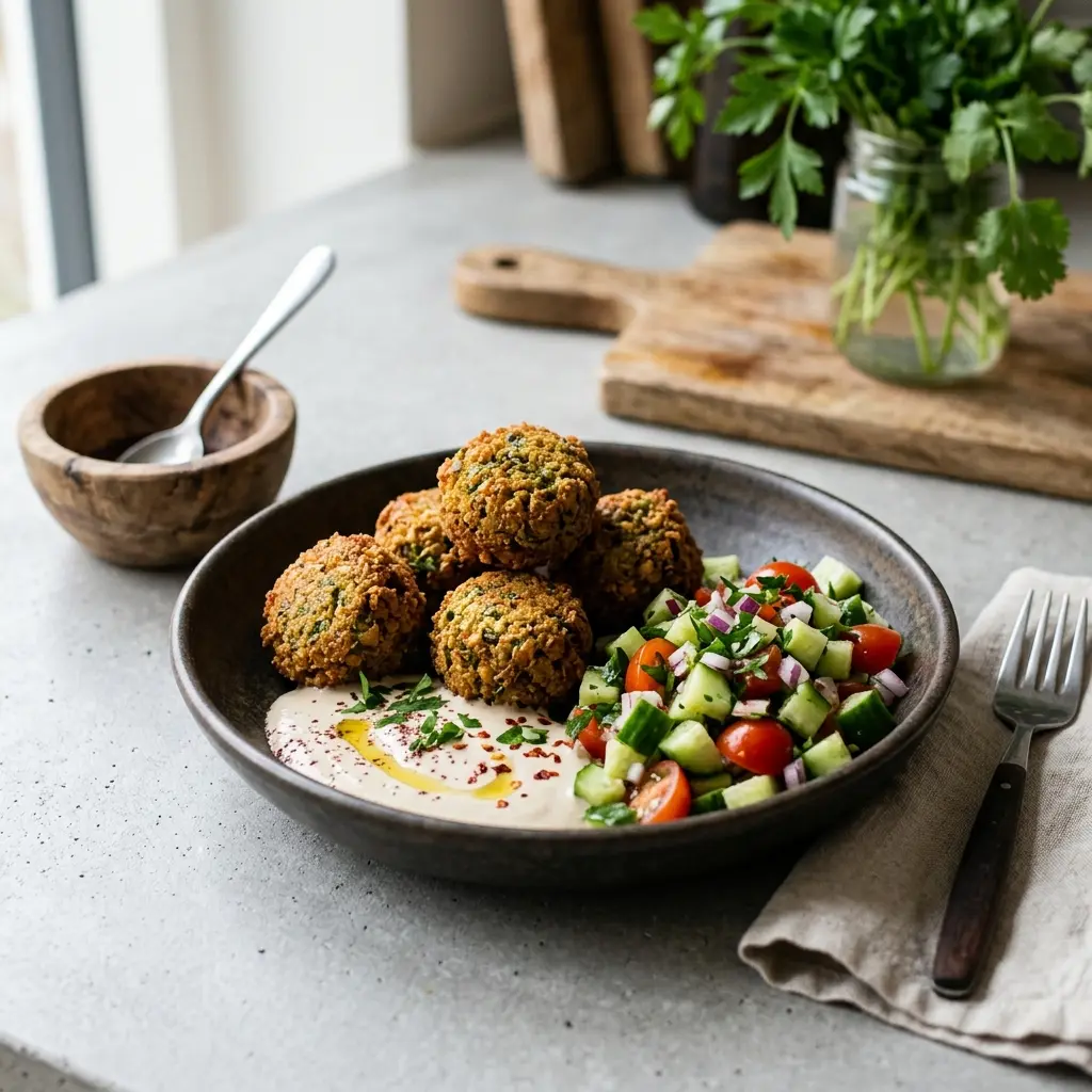 Valmis kotitekoinen falafel tarjoiltuna herkullisesti kotikeittiön tapaan