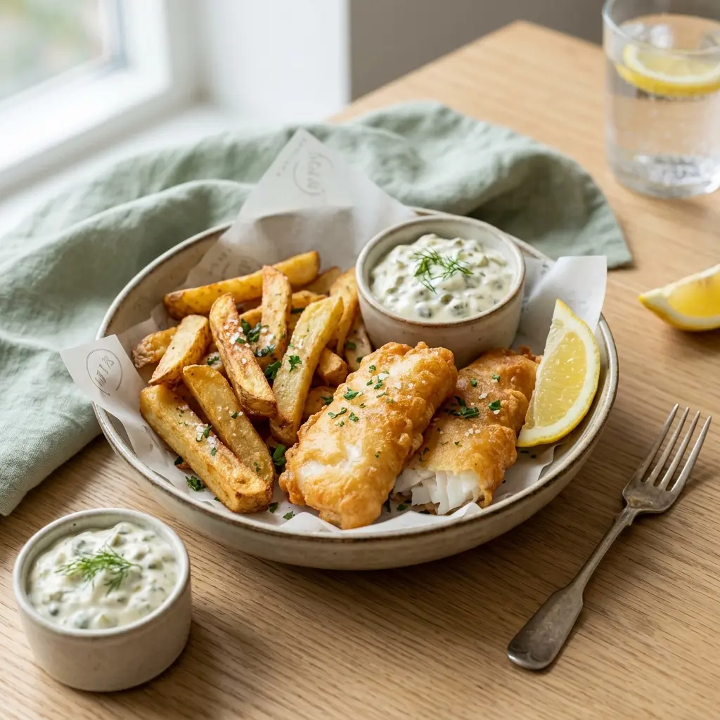 Valmis kotitekoinen fish and chips tarjoiltuna herkullisesti kotikeittiön tapaan