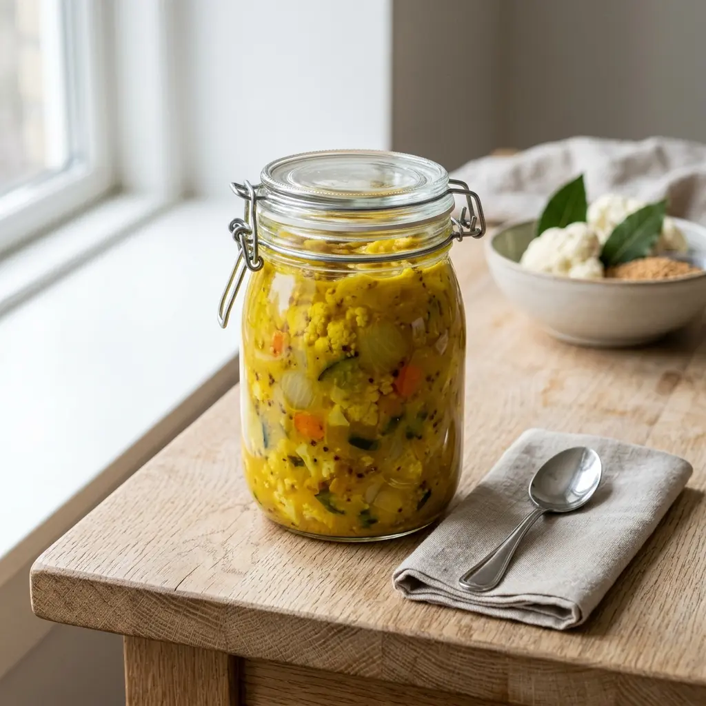 Valmis kotitekoinen piccalilli tarjoiltuna herkullisesti kotikeittiön tapaan