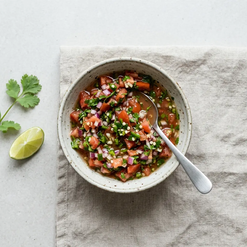 Kulhollinen kotitekoinen salsa valmiina tarjoiltavaksi maukkaana lisukkeena