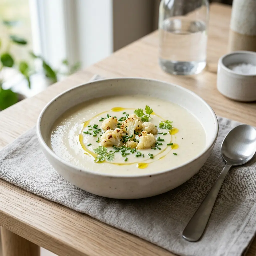 Lämmin kulhollinen kukkakaalikeitto tarjoiltuna houkuttelevasti