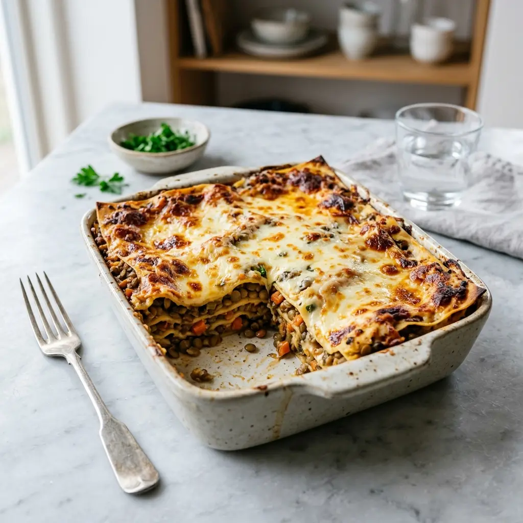 Valmis lasagne linsseillä tarjoiltuna herkullisesti kotikeittiön tapaan