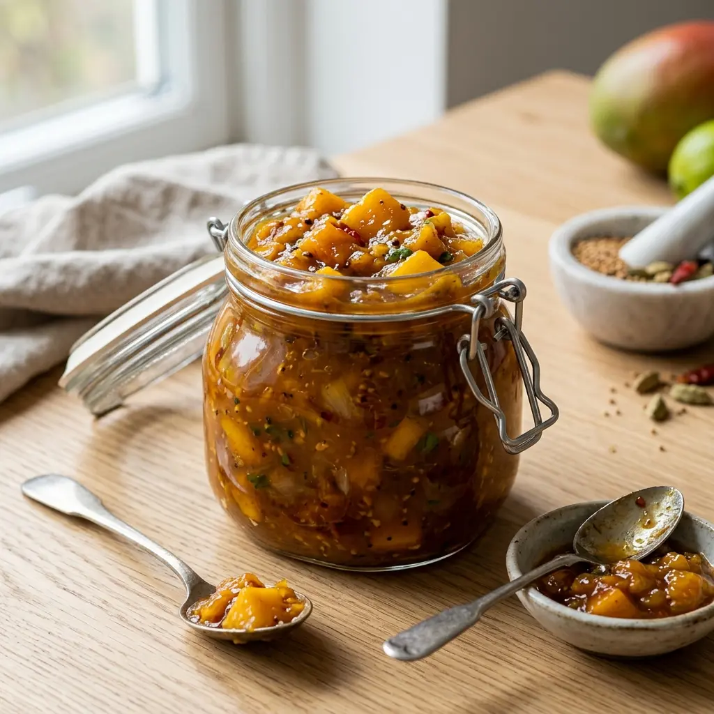 Kulhollinen mangochutney valmiina tarjoiltavaksi maukkaana lisukkeena