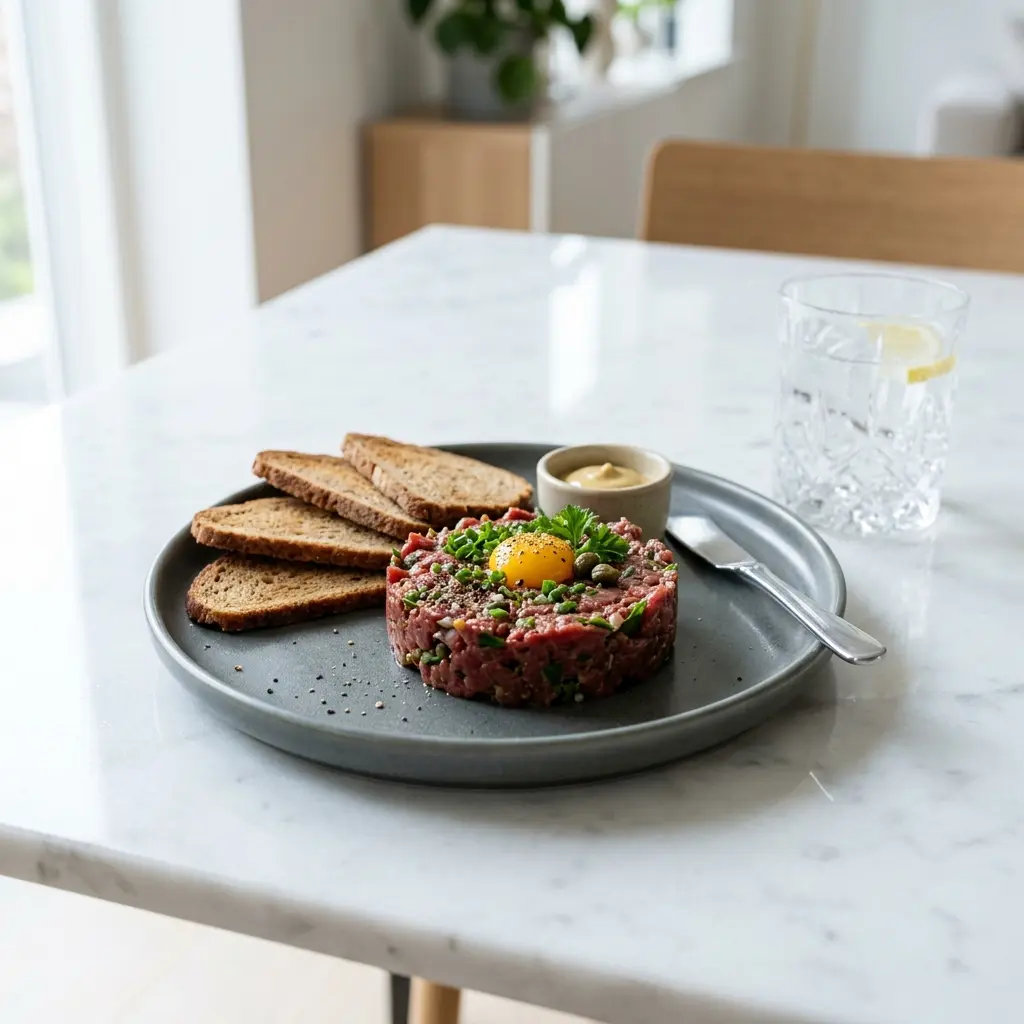 Valmis maustettu tartar tarjoiltuna herkullisesti kotikeittiön tapaan