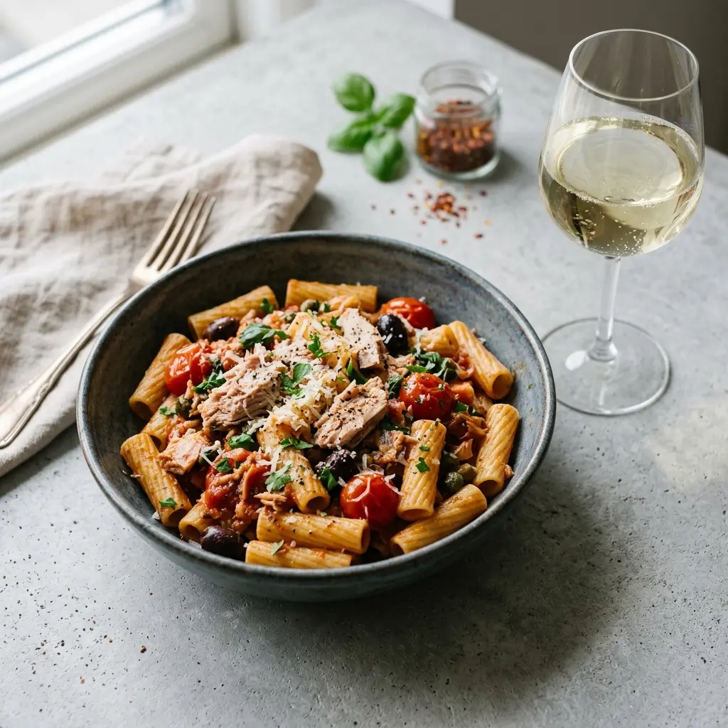 Valmis one pot -pasta tonnikalalla tarjoiltuna herkullisesti kotikeittiön tapaan