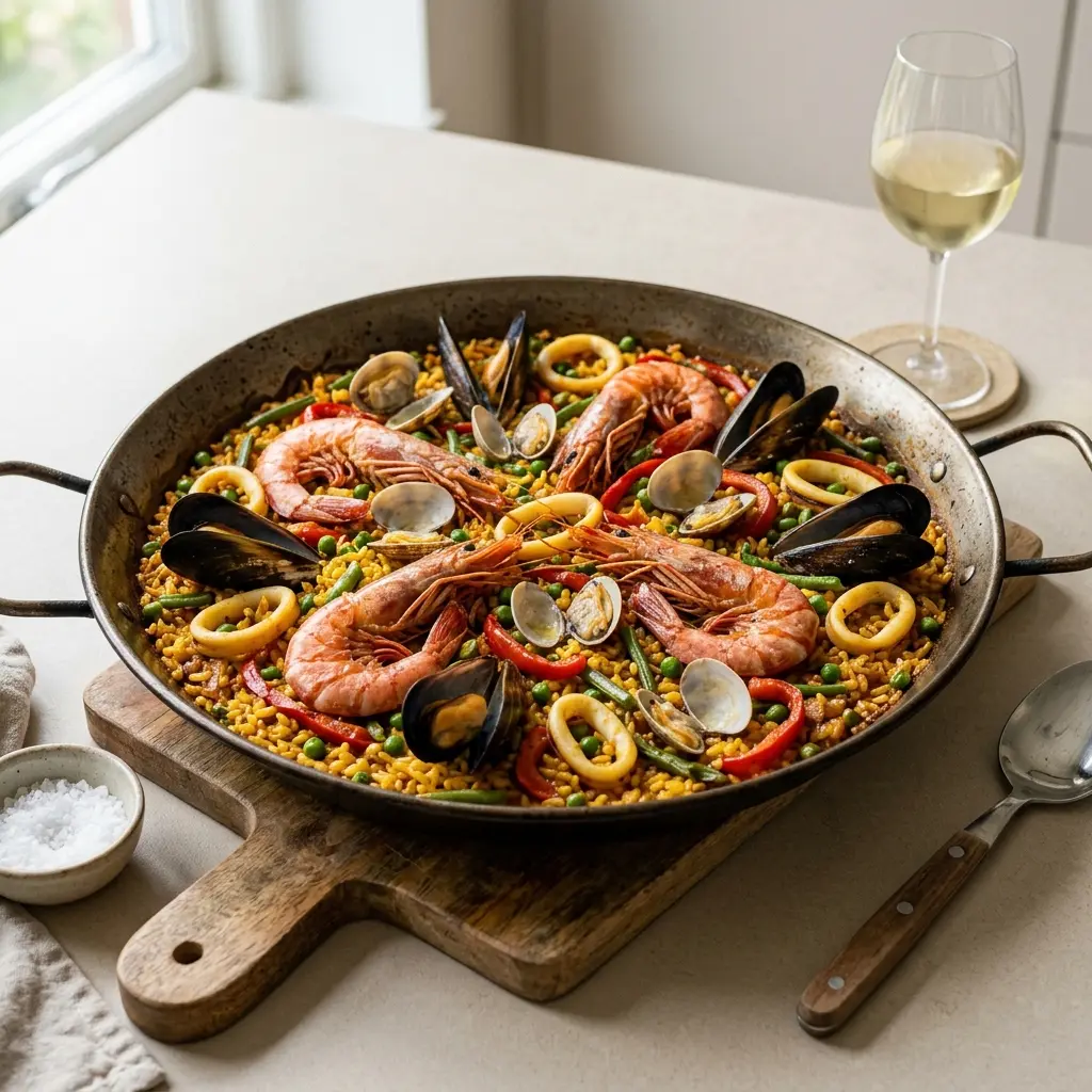 Valmis paella äyriäisillä tarjoiltuna herkullisesti kotikeittiön tapaan