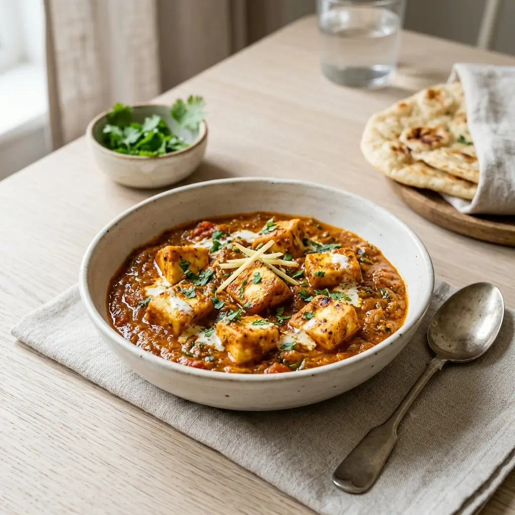 Valmis paneer masala tarjoiltuna herkullisesti kotikeittiön tapaan