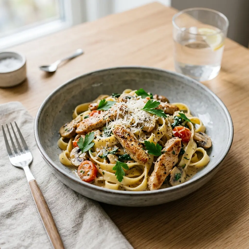 Valmis pasta kalkkunalla tarjoiltuna herkullisesti kotikeittiön tapaan