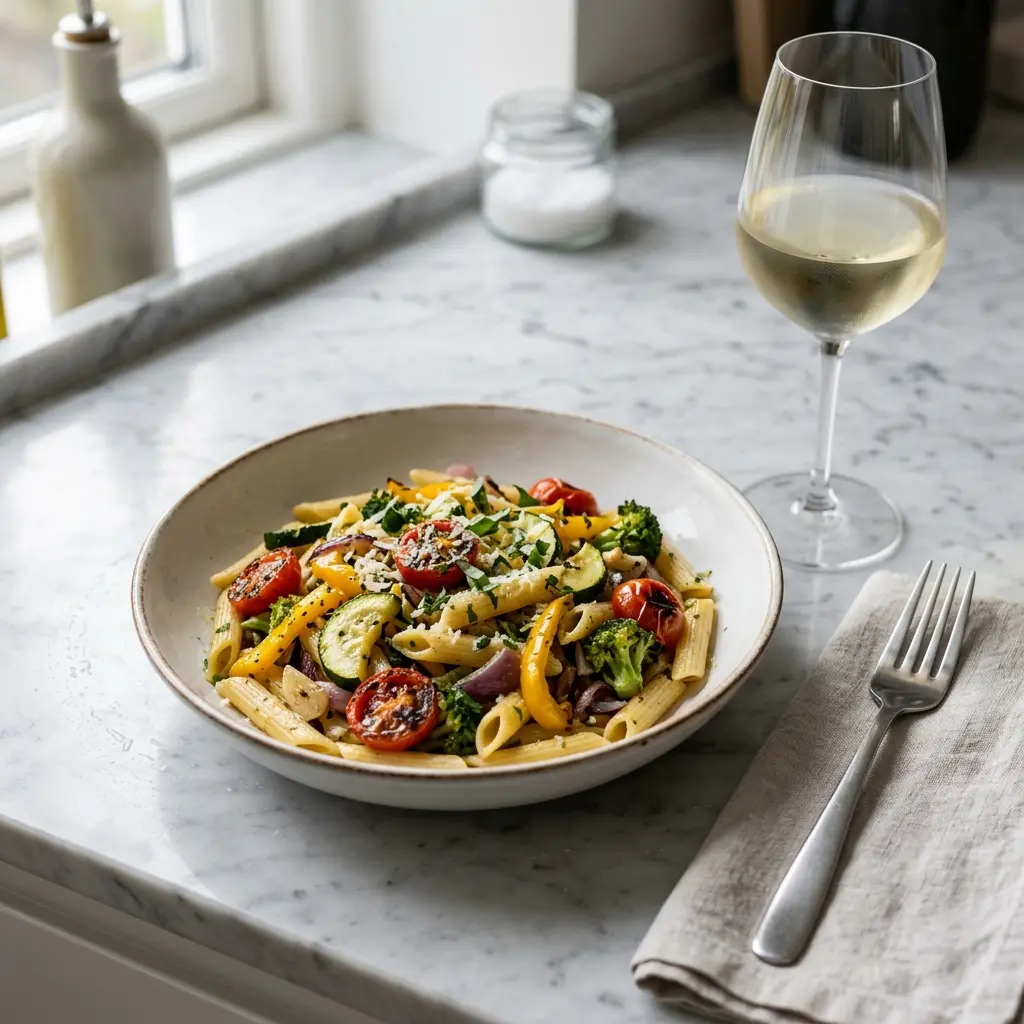 Valmis pasta kasviksilla tarjoiltuna herkullisesti kotikeittiön tapaan