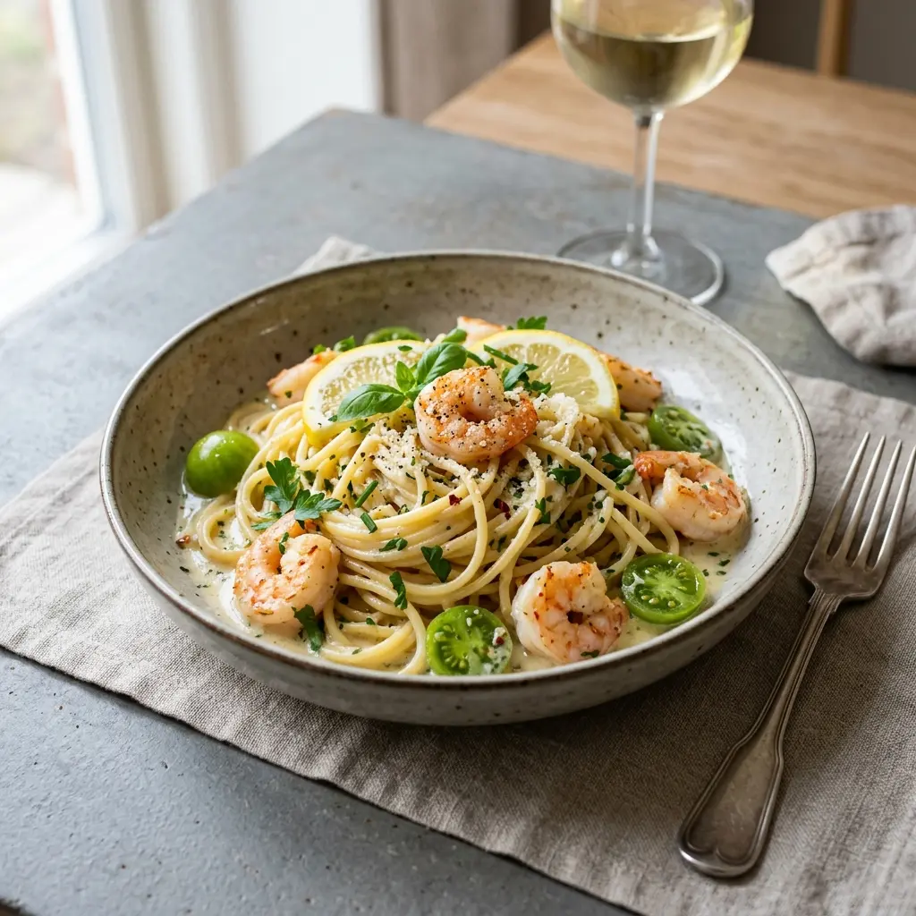Valmis pasta katkaravuilla ja valkoviinikastikkeella tarjoiltuna herkullisesti kotikeittiön tapaan