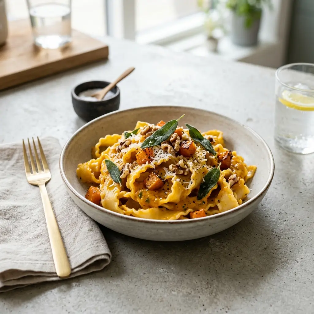 Valmis pasta kurpitsalla tarjoiltuna herkullisesti kotikeittiön tapaan