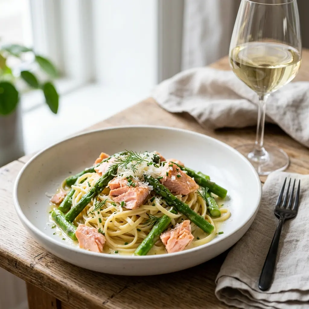 Valmis pasta lohella ja parsalla tarjoiltuna herkullisesti kotikeittiön tapaan
