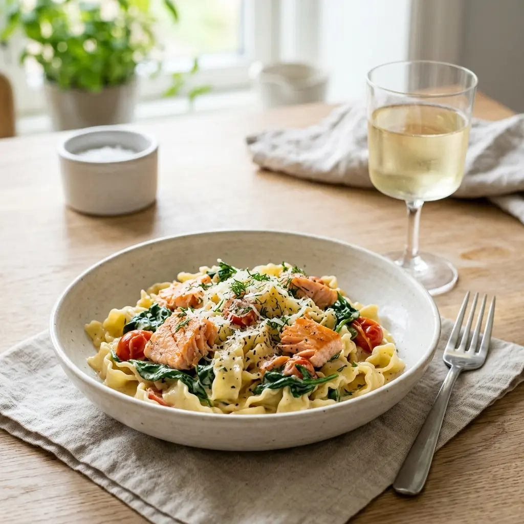 Valmis pasta lohella ja pinaatilla tarjoiltuna herkullisesti kotikeittiön tapaan