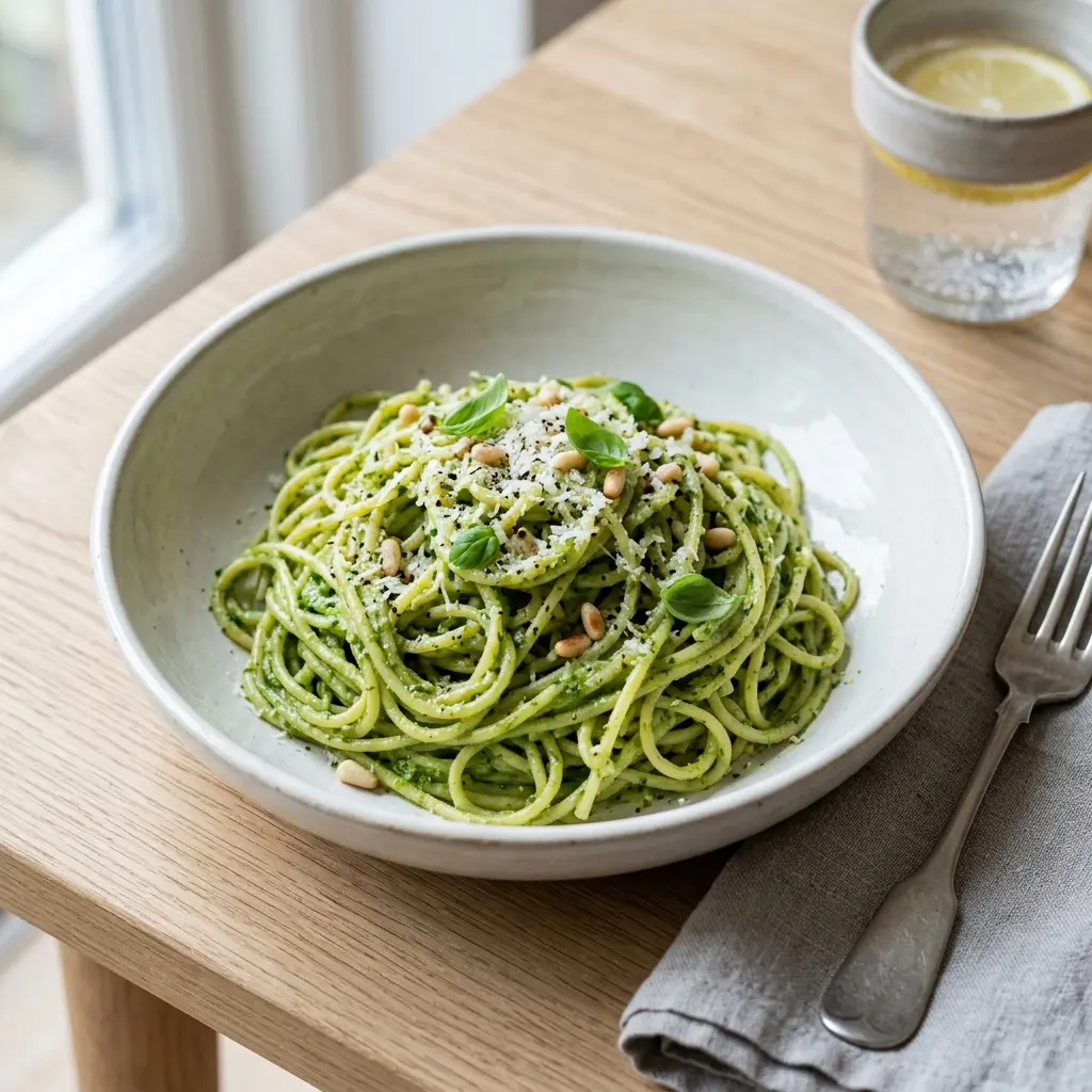 Kulhollinen pasta pestolla valmiina tarjoiltavaksi maukkaana lisukkeena
