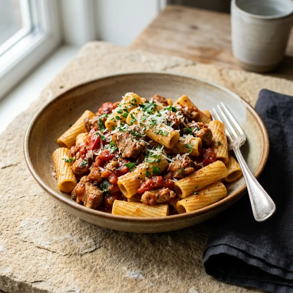 Valmis pasta porsaanlihalla ja tomaatilla tarjoiltuna herkullisesti kotikeittiön tapaan