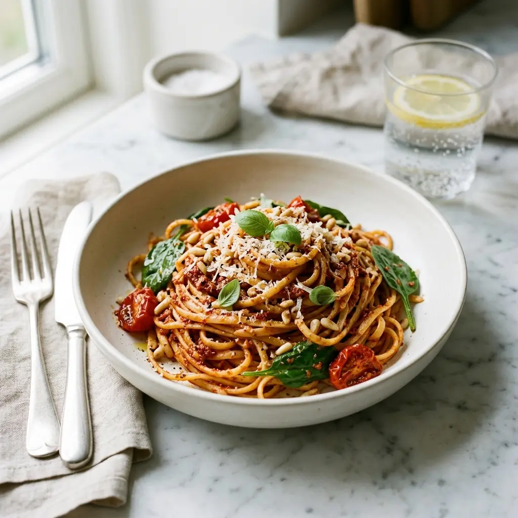 Kulhollinen pasta punaisella pestolla valmiina tarjoiltavaksi maukkaana lisukkeena