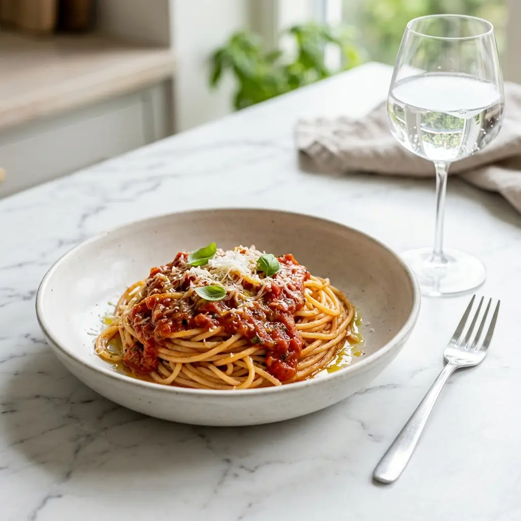 Valmis pasta tomaattikastikkeella tarjoiltuna herkullisesti kotikeittiön tapaan