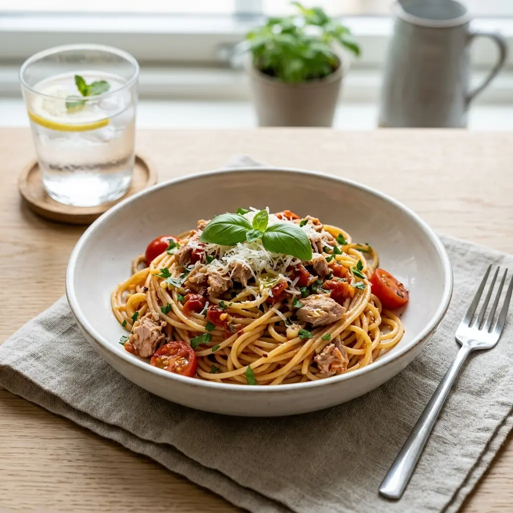 Valmis pasta tonnikalalla ja tomaatilla tarjoiltuna herkullisesti kotikeittiön tapaan