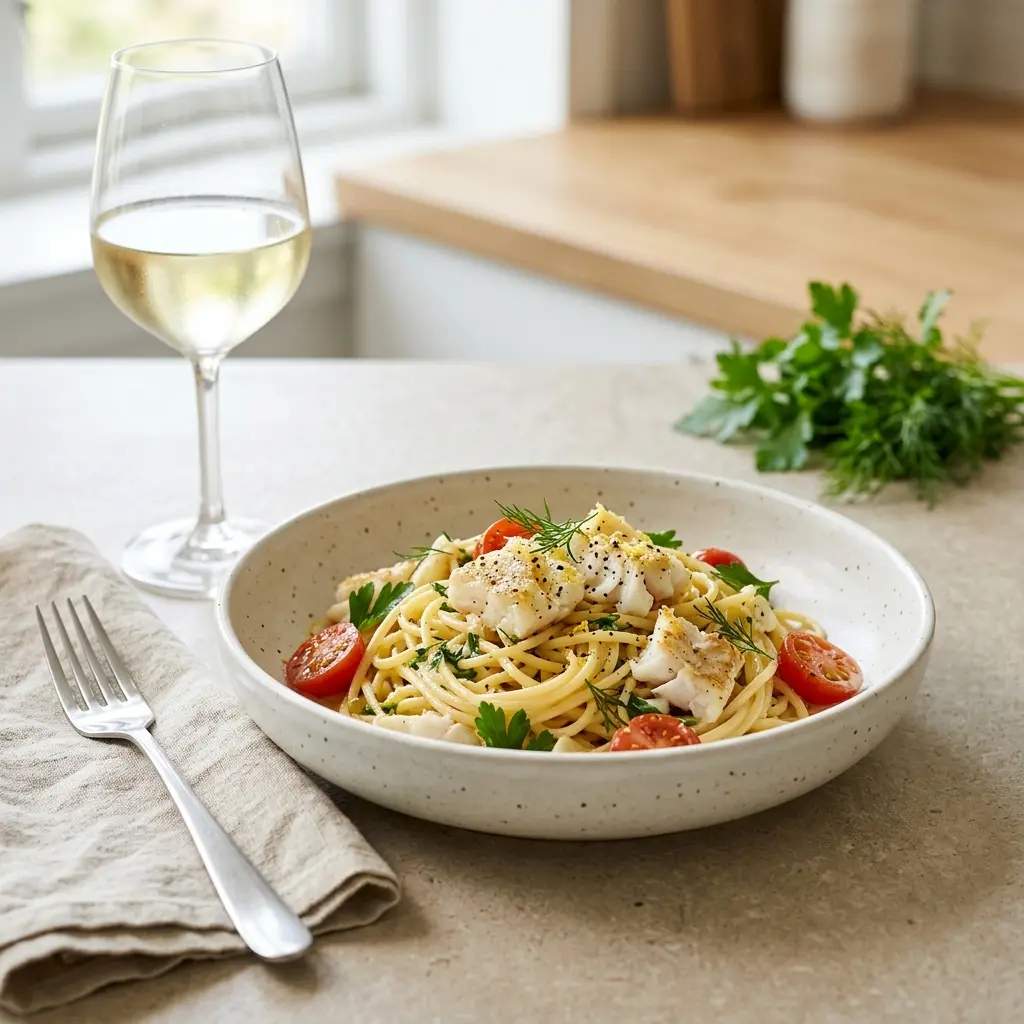 Valmis pasta turskalla tarjoiltuna herkullisesti kotikeittiön tapaan