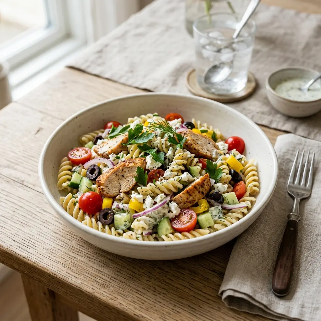 Raikas annos pastasalaatti kalkkunalla tuoreilla raaka-aineilla ja kauniilla tarjoilulla