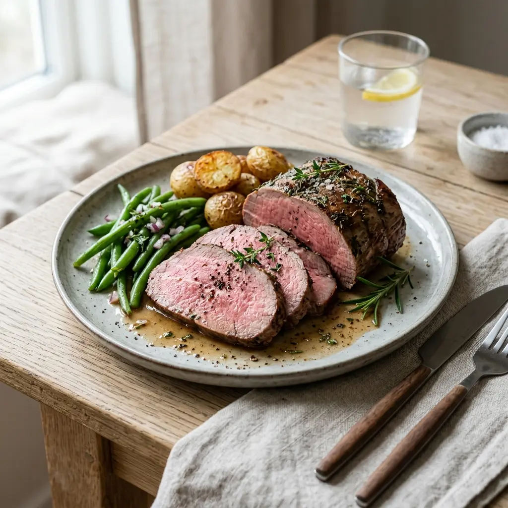 Valmis perinteinen roastbeef tarjoiltuna herkullisesti kotikeittiön tapaan