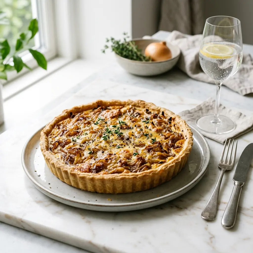 Kotitekoinen piirakka sipulilla tarjoiltuna makeana ja houkuttelevana jälkiruokana