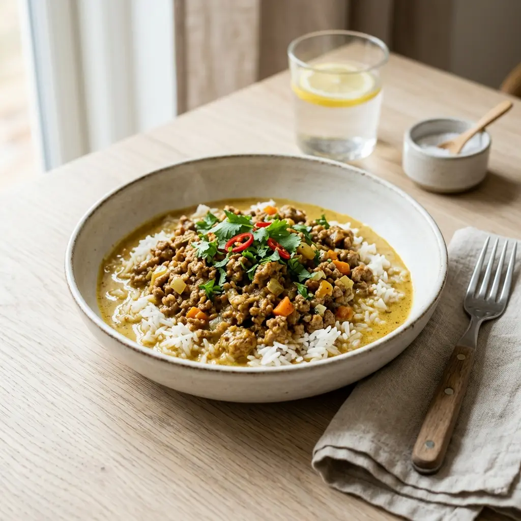 Valmis porsaan jauheliha curryssa tarjoiltuna herkullisesti kotikeittiön tapaan