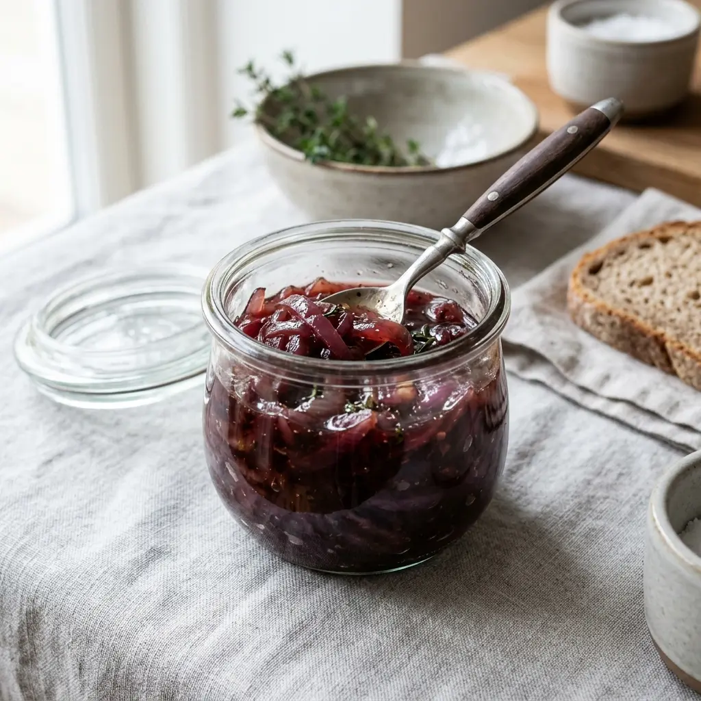 Valmis punasipuliconfit tarjoiltuna herkullisesti kotikeittiön tapaan